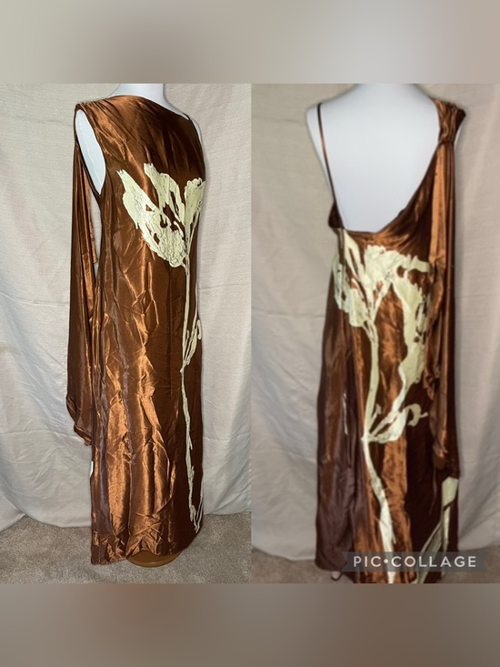 Topshop Dresses & Skirts - Topshop Bronze Satin Dress with Cream Floral Print